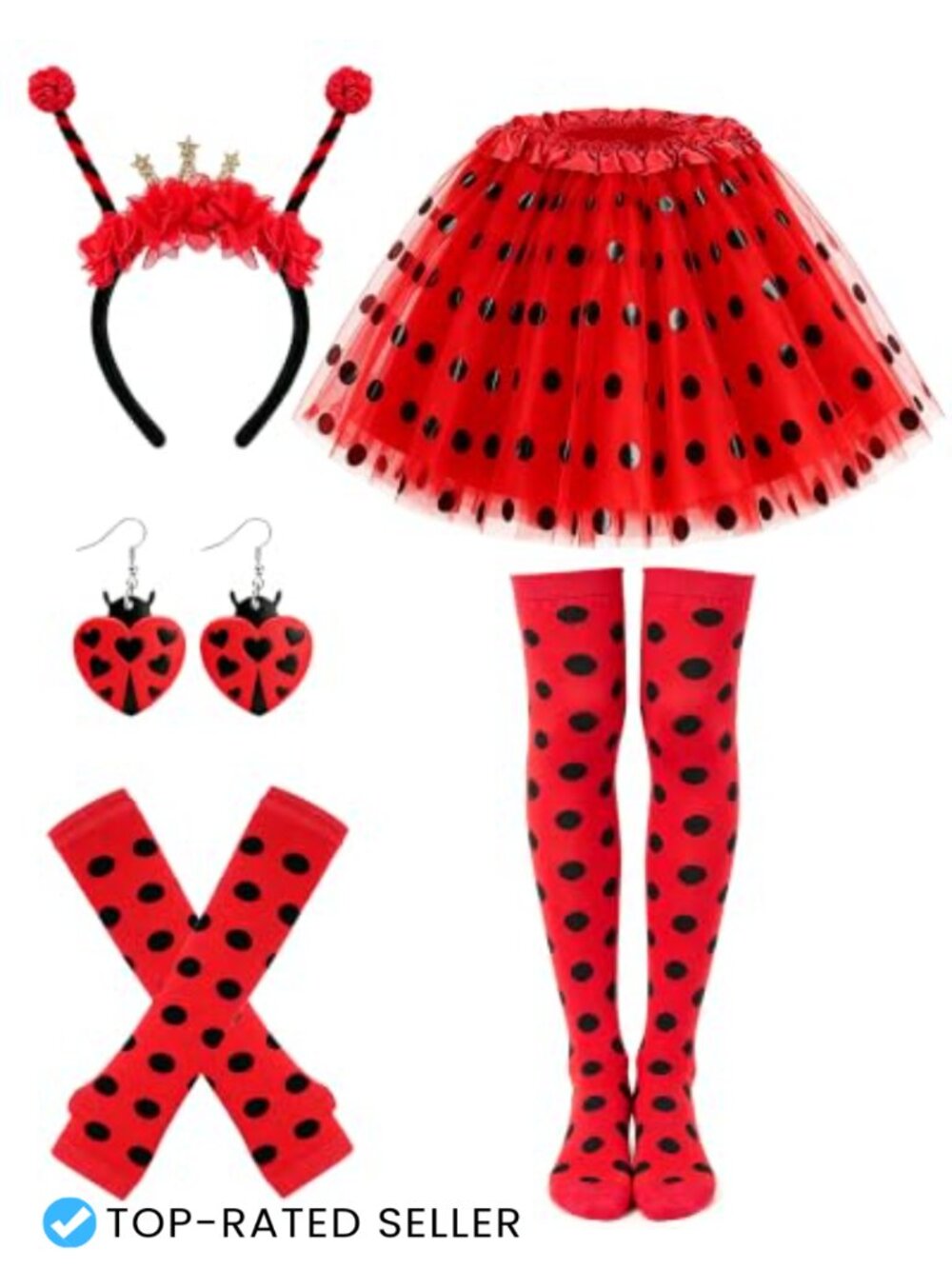 Seiddons Ladybug Costume Set 5-Piece Tutu Gloves Socks Earrings Cosplay